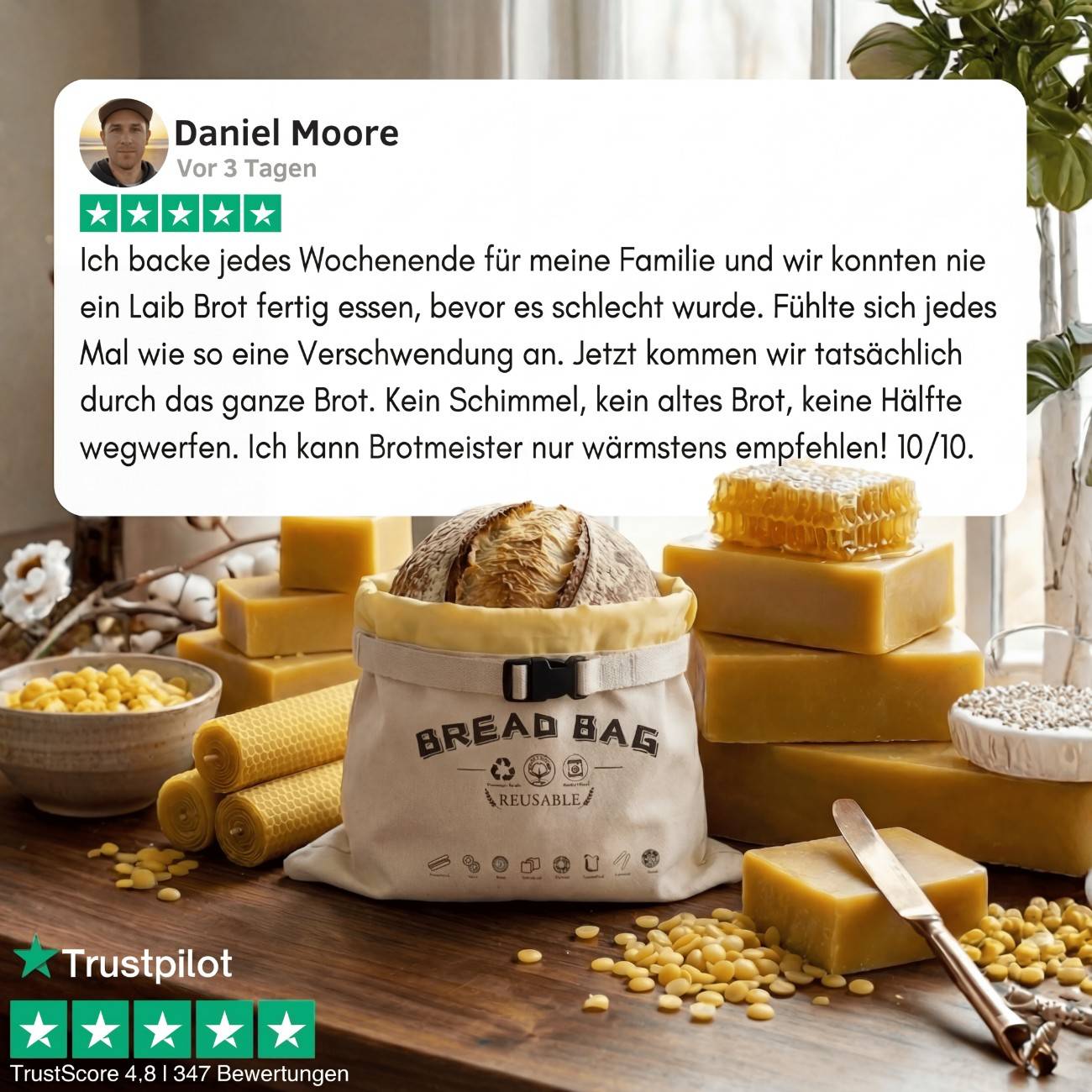 Premium-Brotbeutel aus 100 % Baumwolle und Bienenwachs